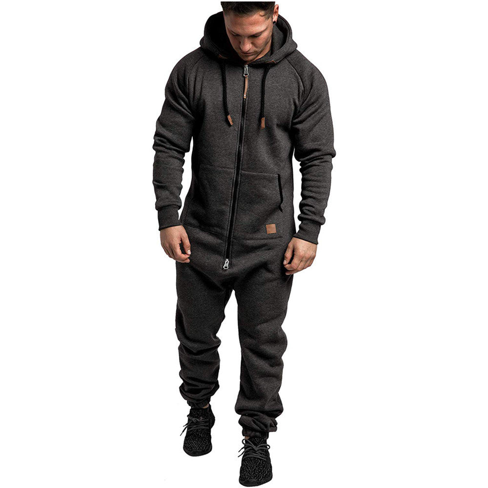 Men's Hooded Fleece Jumpsuit Solid Color Casual Men's Suit Jumpsuit