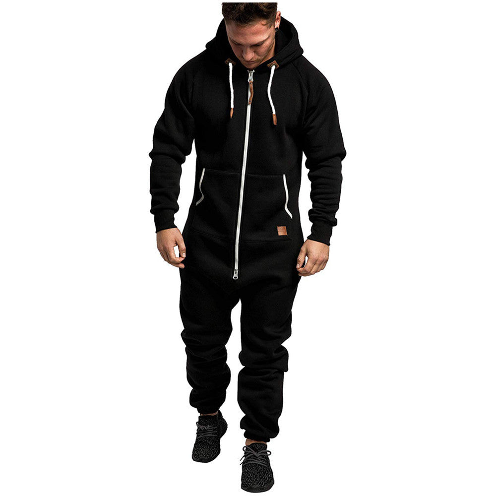 Men's Hooded Fleece Jumpsuit Solid Color Casual Men's Suit Jumpsuit