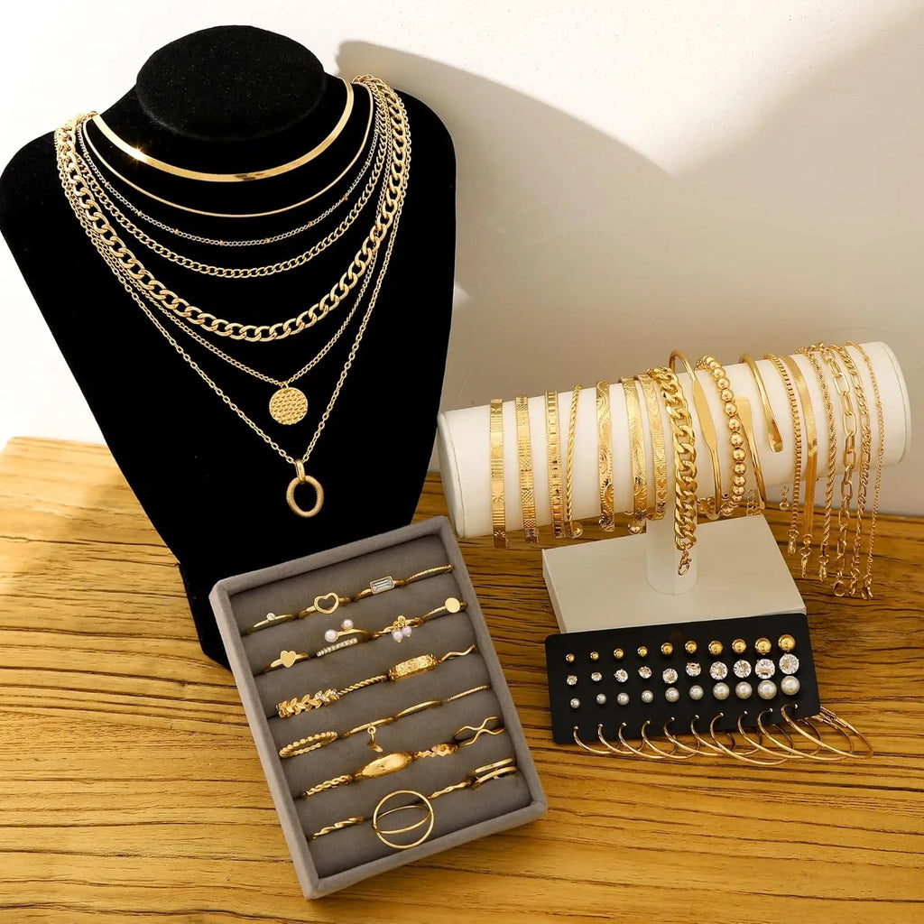 Gold Alloy Jewelry Set 7 Necklaces 17 Bracelets 5 Hoop Earrings 15 Stud Earrings 24 Knuckle Rings Gift