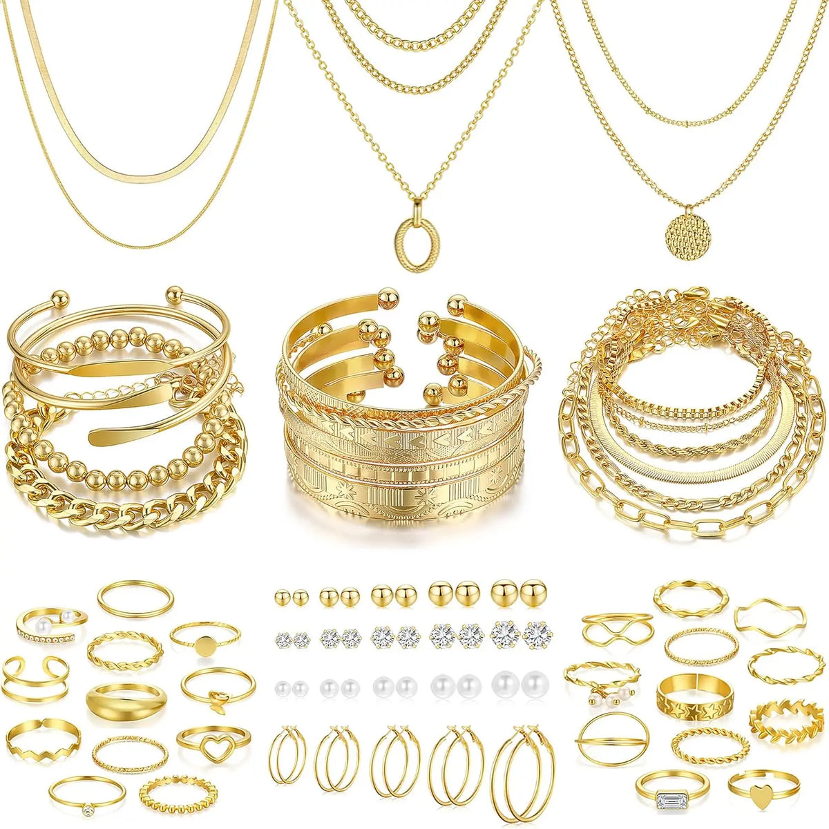 Gold Alloy Jewelry Set 7 Necklaces 17 Bracelets 5 Hoop Earrings 15 Stud Earrings 24 Knuckle Rings Gift