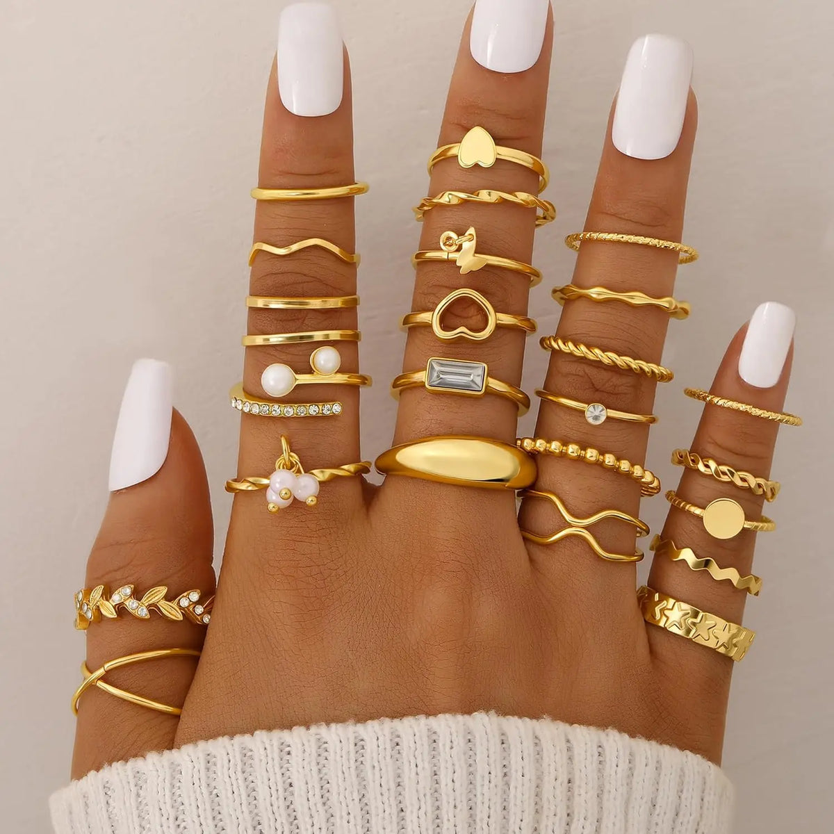 Gold Alloy Jewelry Set 7 Necklaces 17 Bracelets 5 Hoop Earrings 15 Stud Earrings 24 Knuckle Rings Gift