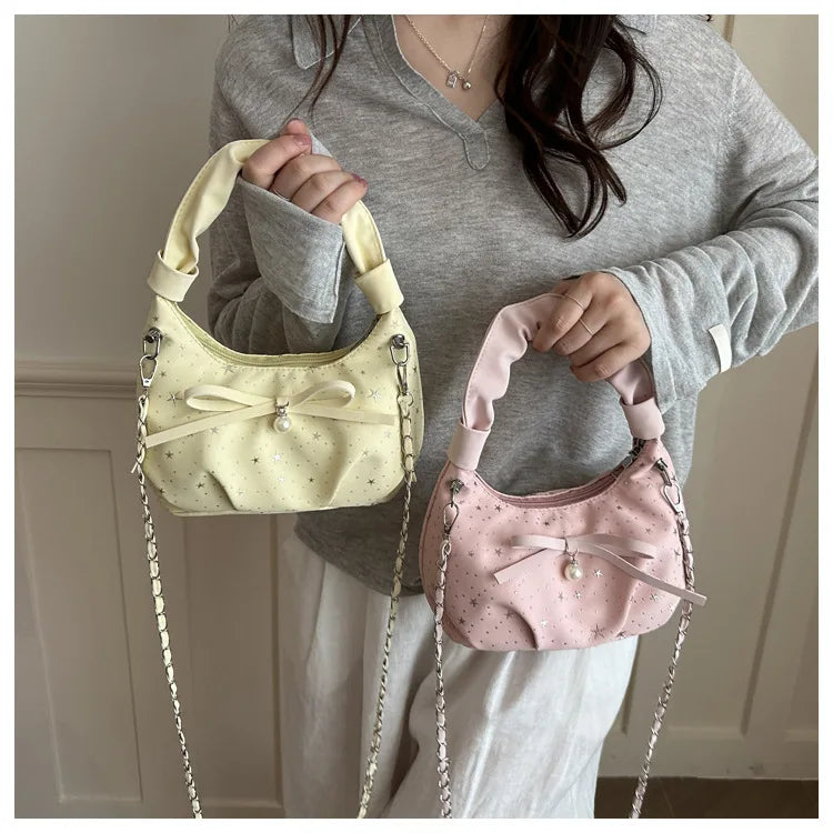 Sweet Cool Crescent Handbag Embroidery Bow