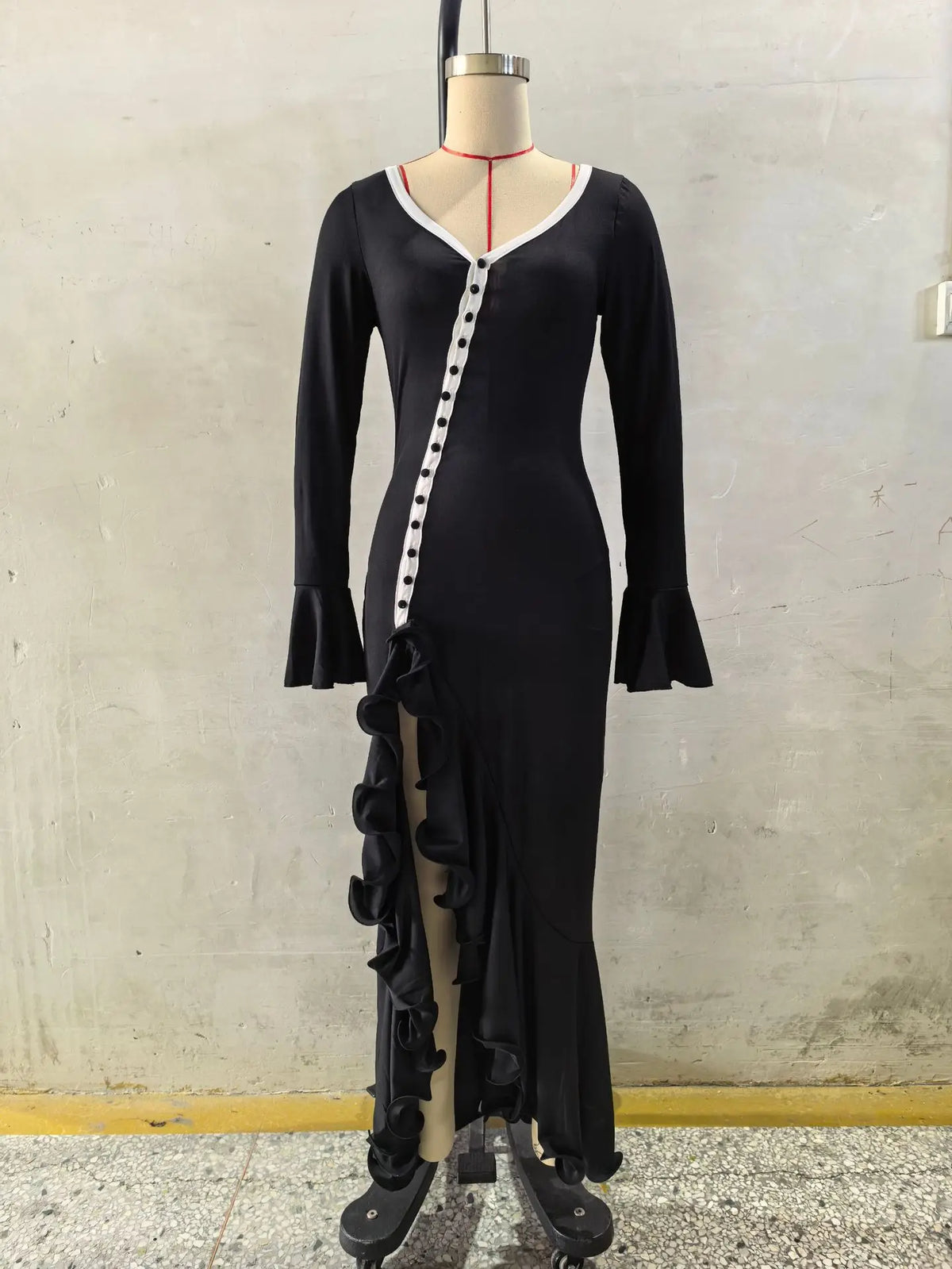 Sexy V-Neck Flared Sleeve Ruffle Split  Floor-Length Dress