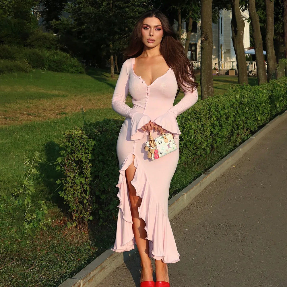 Sexy V-Neck Flared Sleeve Ruffle Split  Floor-Length Dress