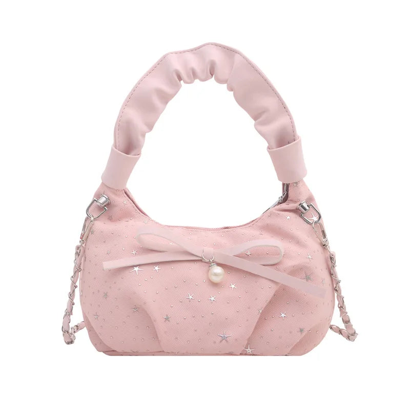 Sweet Cool Crescent Handbag Embroidery Bow