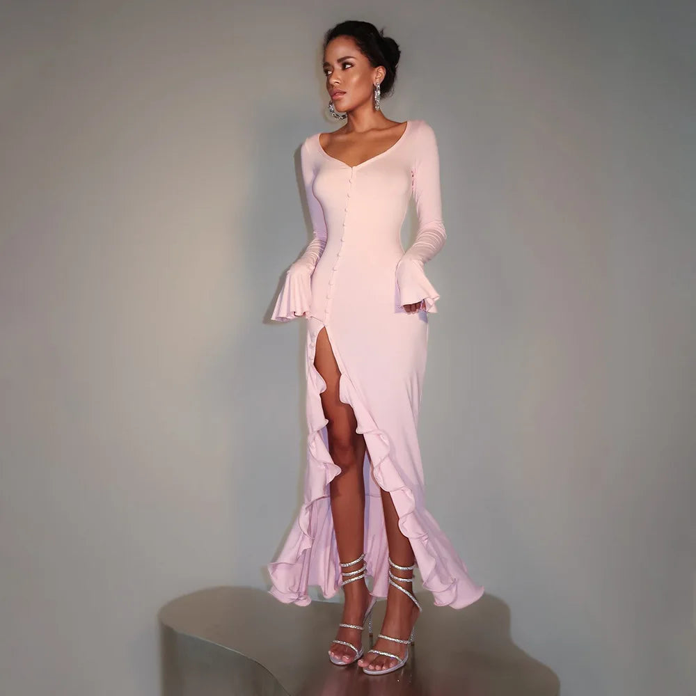 Sexy V-Neck Flared Sleeve Ruffle Split  Floor-Length Dress