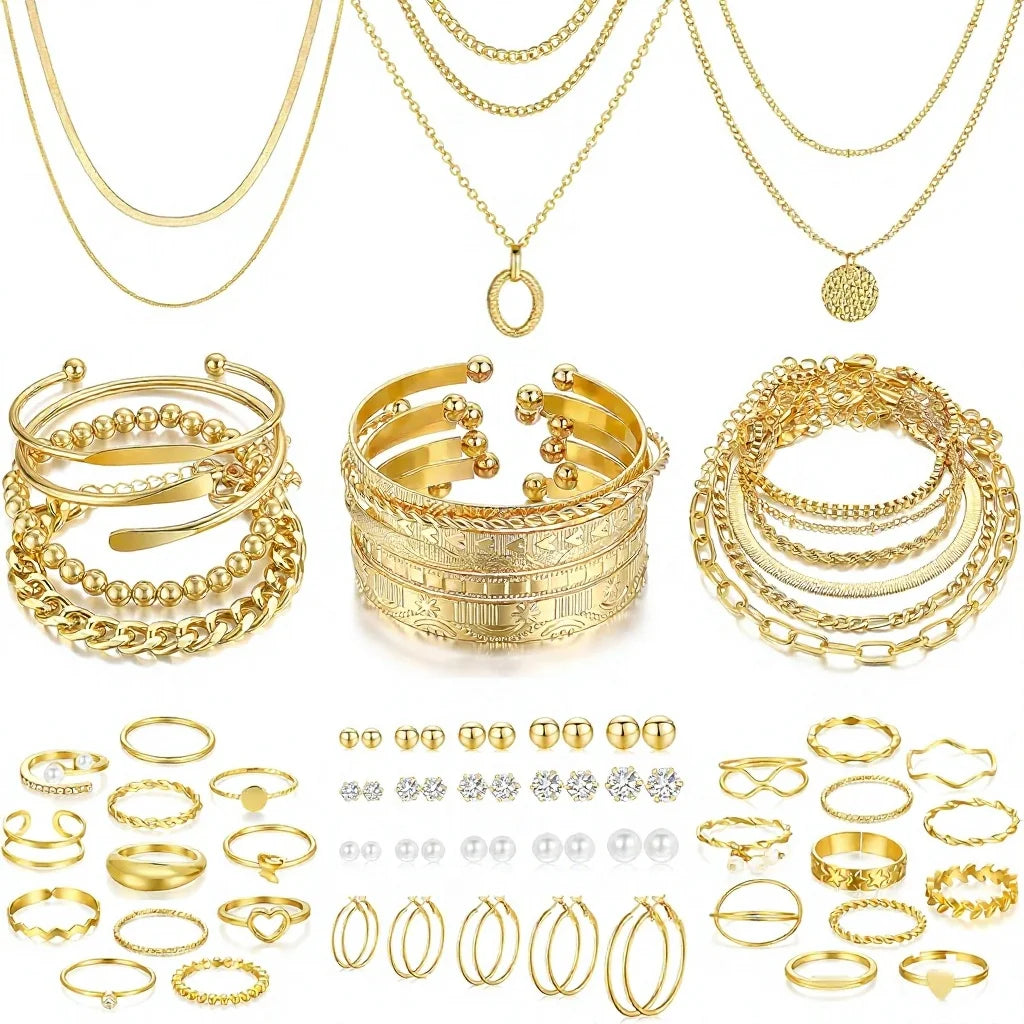 Gold Alloy Jewelry Set 7 Necklaces 17 Bracelets 5 Hoop Earrings 15 Stud Earrings 24 Knuckle Rings Gift