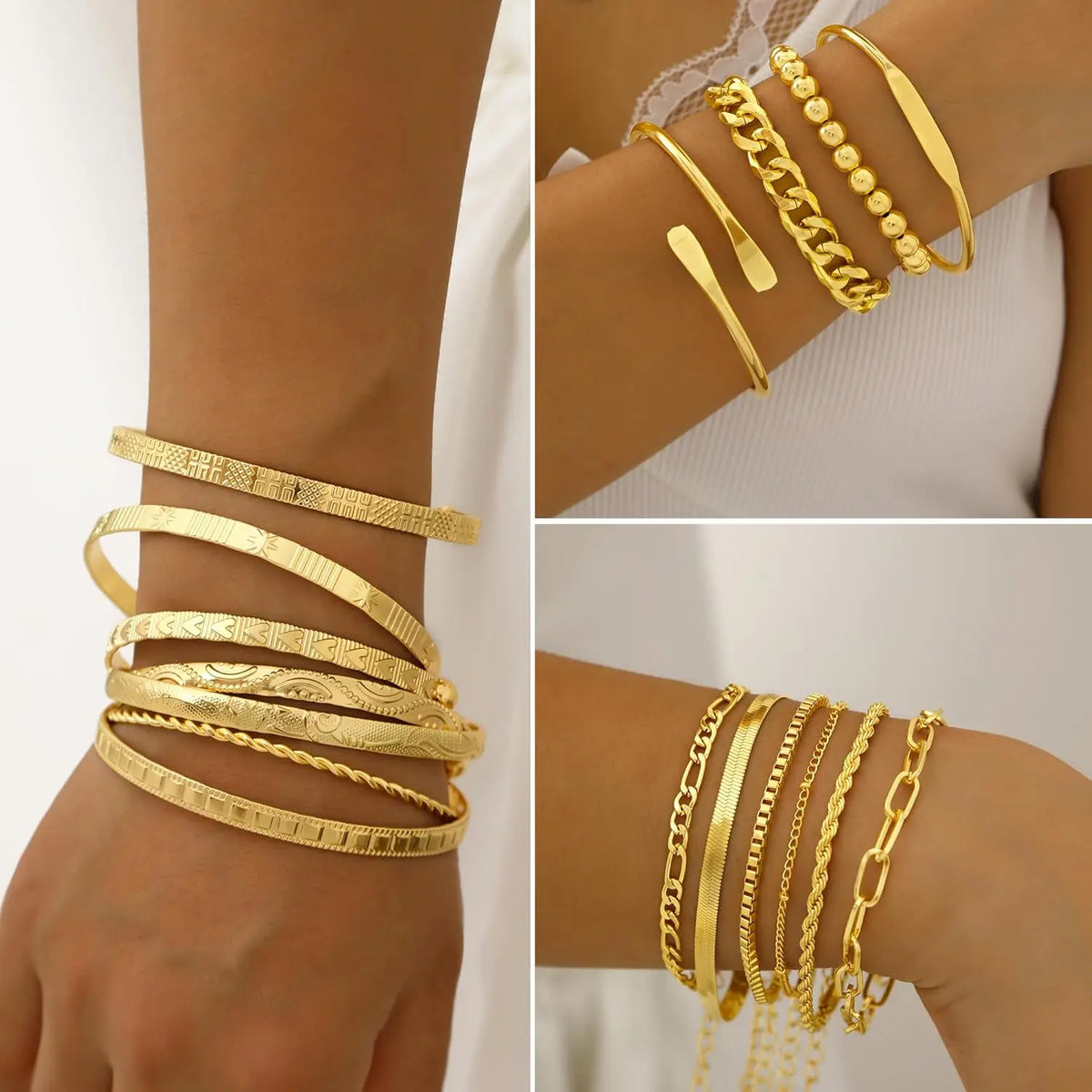 Gold Alloy Jewelry Set 7 Necklaces 17 Bracelets 5 Hoop Earrings 15 Stud Earrings 24 Knuckle Rings Gift