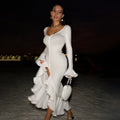 Sexy V-Neck Flared Sleeve Ruffle Split  Floor-Length Dress
