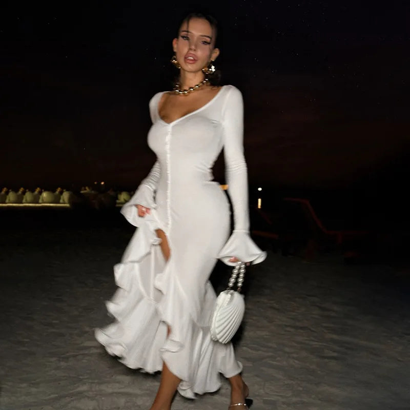 Sexy V-Neck Flared Sleeve Ruffle Split  Floor-Length Dress