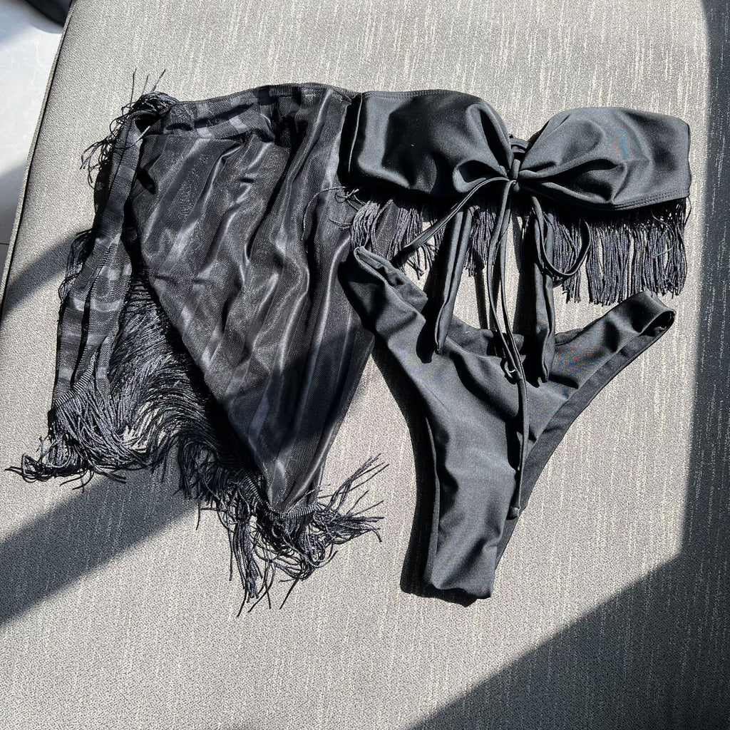 Tassel Tube Top Suspender Mesh Three-Piece Swimsuit Bikini