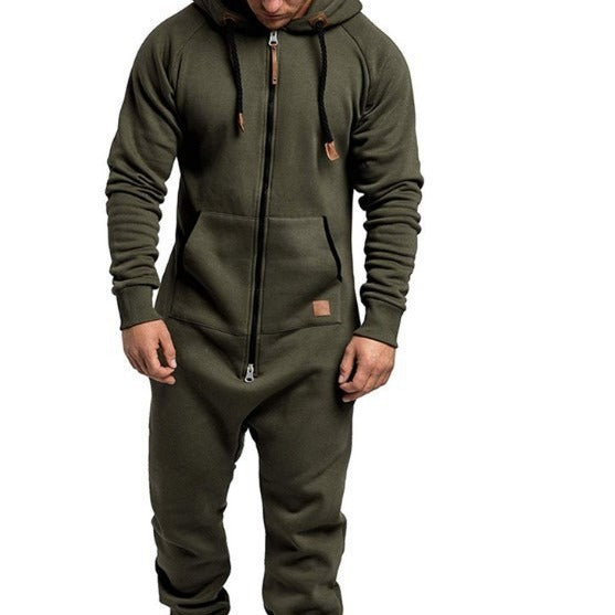 Men's Hooded Fleece Jumpsuit Solid Color Casual Men's Suit Jumpsuit
