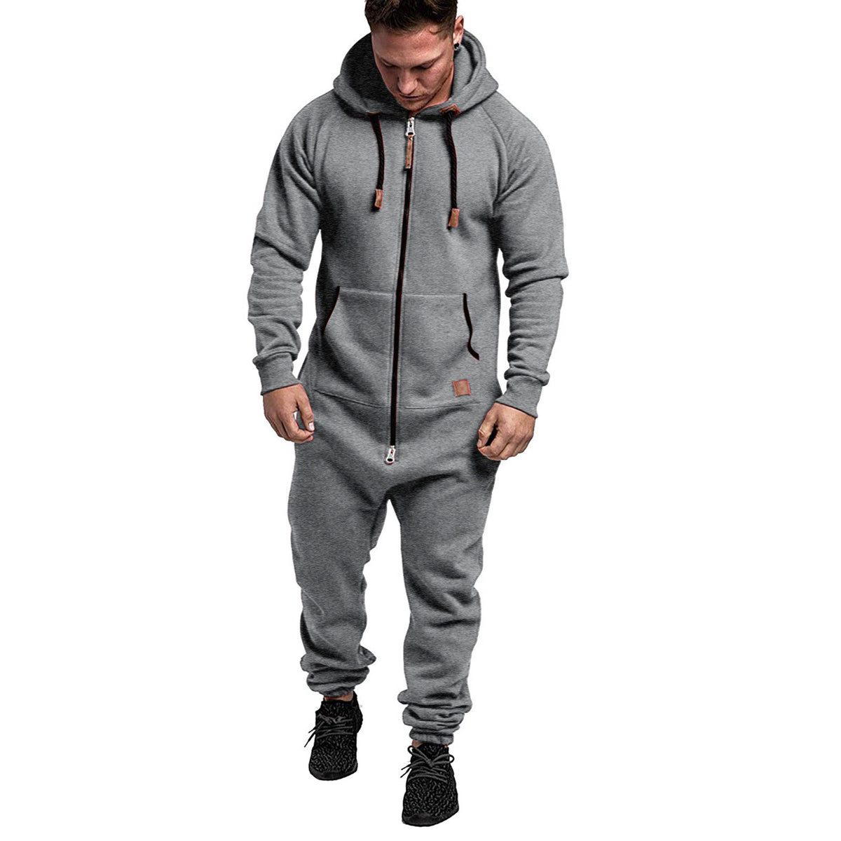 Men's Hooded Fleece Jumpsuit Solid Color Casual Men's Suit Jumpsuit