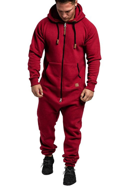 Men's Hooded Fleece Jumpsuit Solid Color Casual Men's Suit Jumpsuit