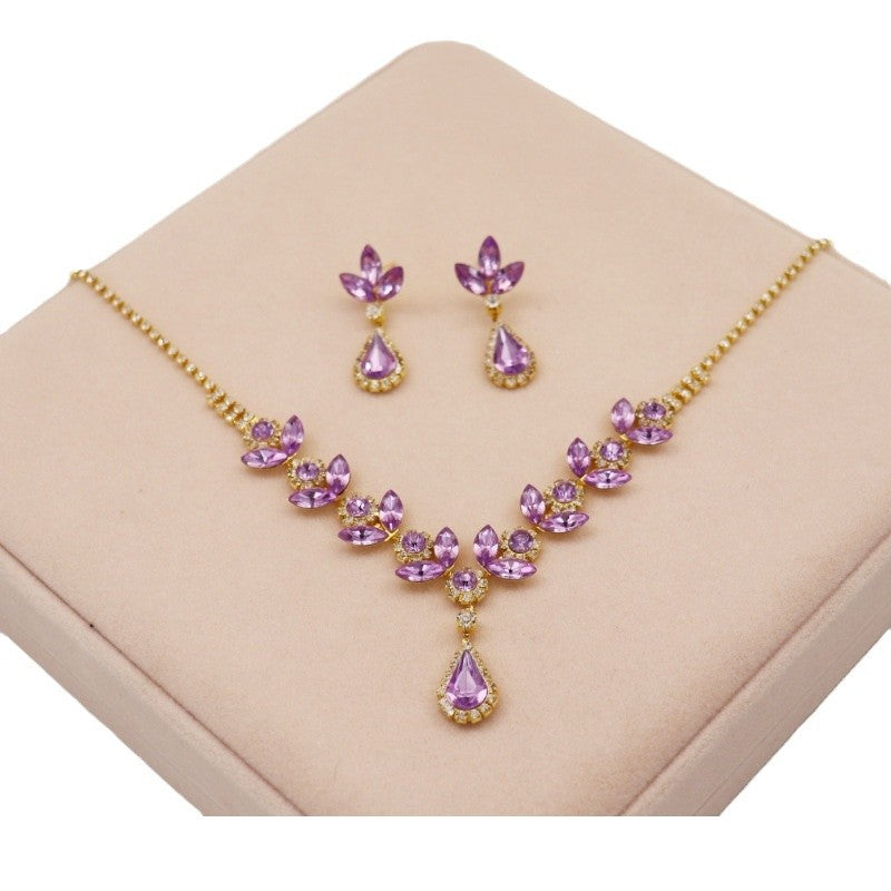 Crystal Amethyst Necklace Earrings suit  Bridal Accessories High-end Sense