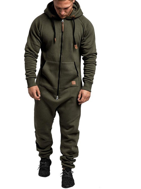 Men's Hooded Fleece Jumpsuit Solid Color Casual Men's Suit Jumpsuit