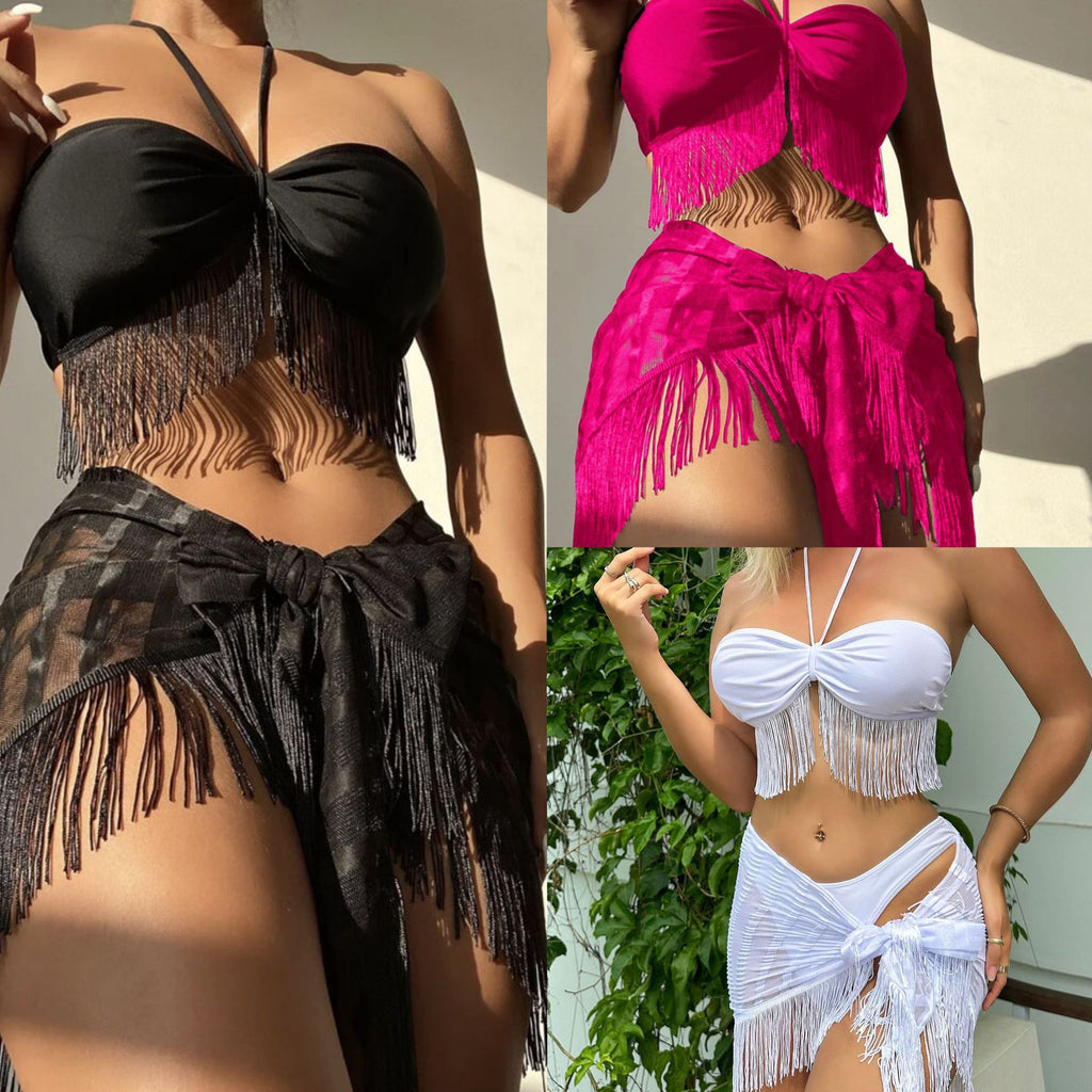 Tassel Tube Top Suspender Mesh Three-Piece Swimsuit Bikini