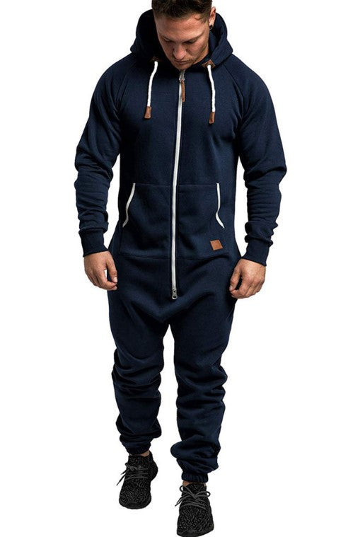 Men's Hooded Fleece Jumpsuit Solid Color Casual Men's Suit Jumpsuit