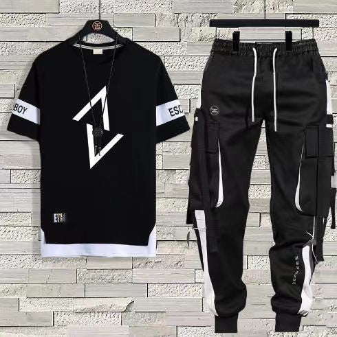 Short-Sleeved T-Shirt Men's Summer Thin Casual  Long Pants Men's set