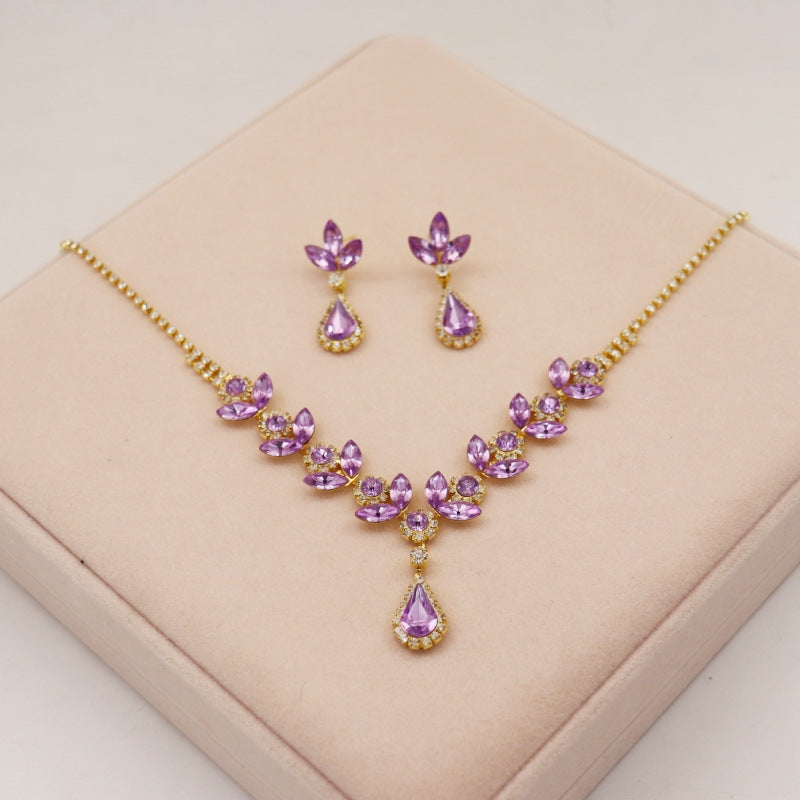 Crystal Amethyst Necklace Earrings suit  Bridal Accessories High-end Sense