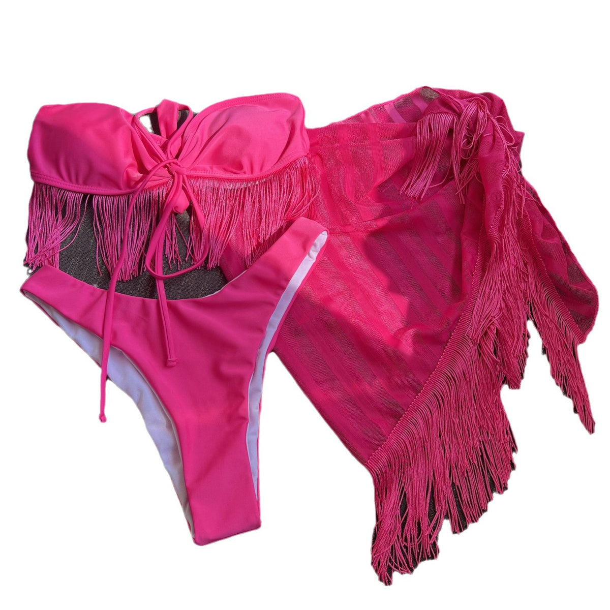 Tassel Tube Top Suspender Mesh Three-Piece Swimsuit Bikini