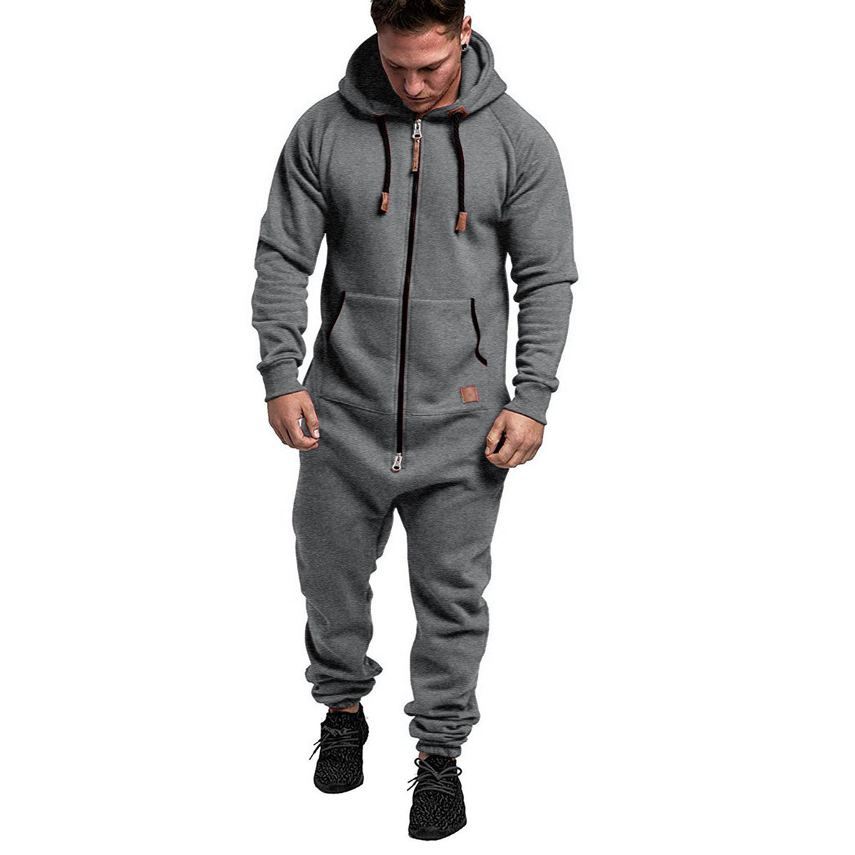 Men's Hooded Fleece Jumpsuit Solid Color Casual Men's Suit Jumpsuit