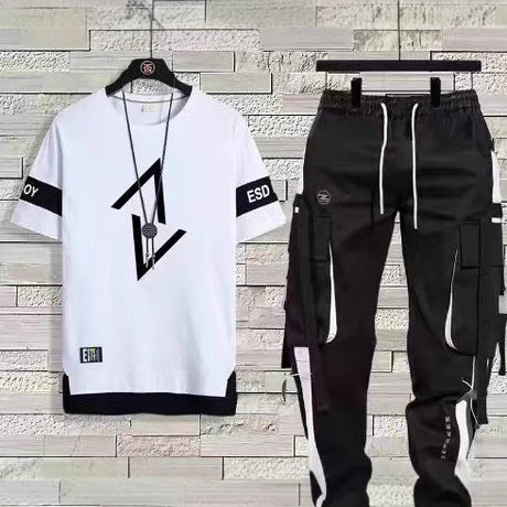 Short-Sleeved T-Shirt Men's Summer Thin Casual  Long Pants Men's set
