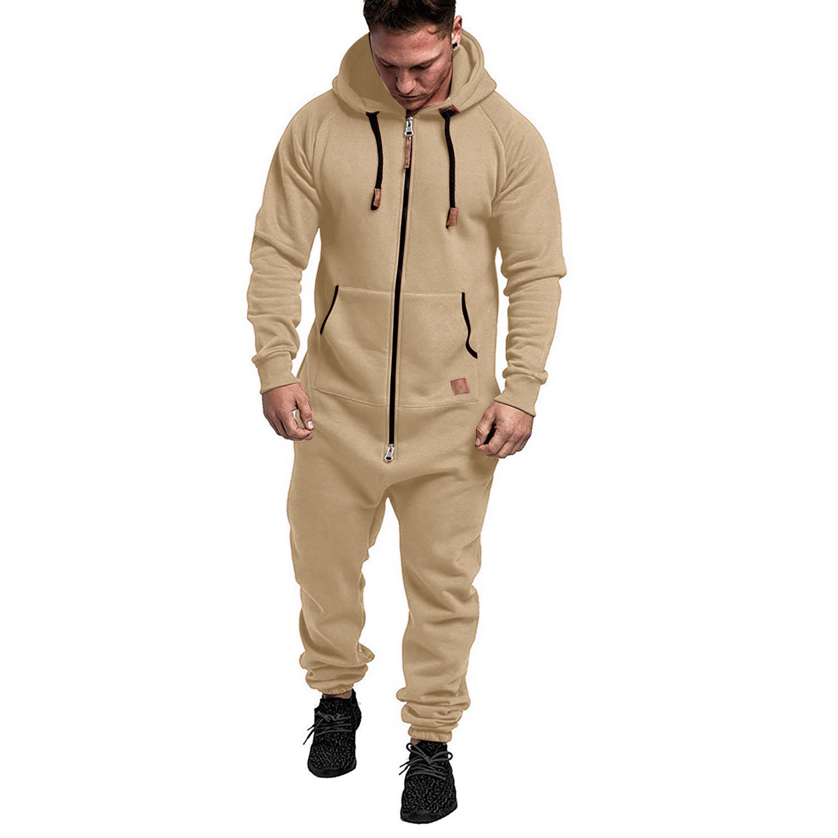 Men's Hooded Fleece Jumpsuit Solid Color Casual Men's Suit Jumpsuit