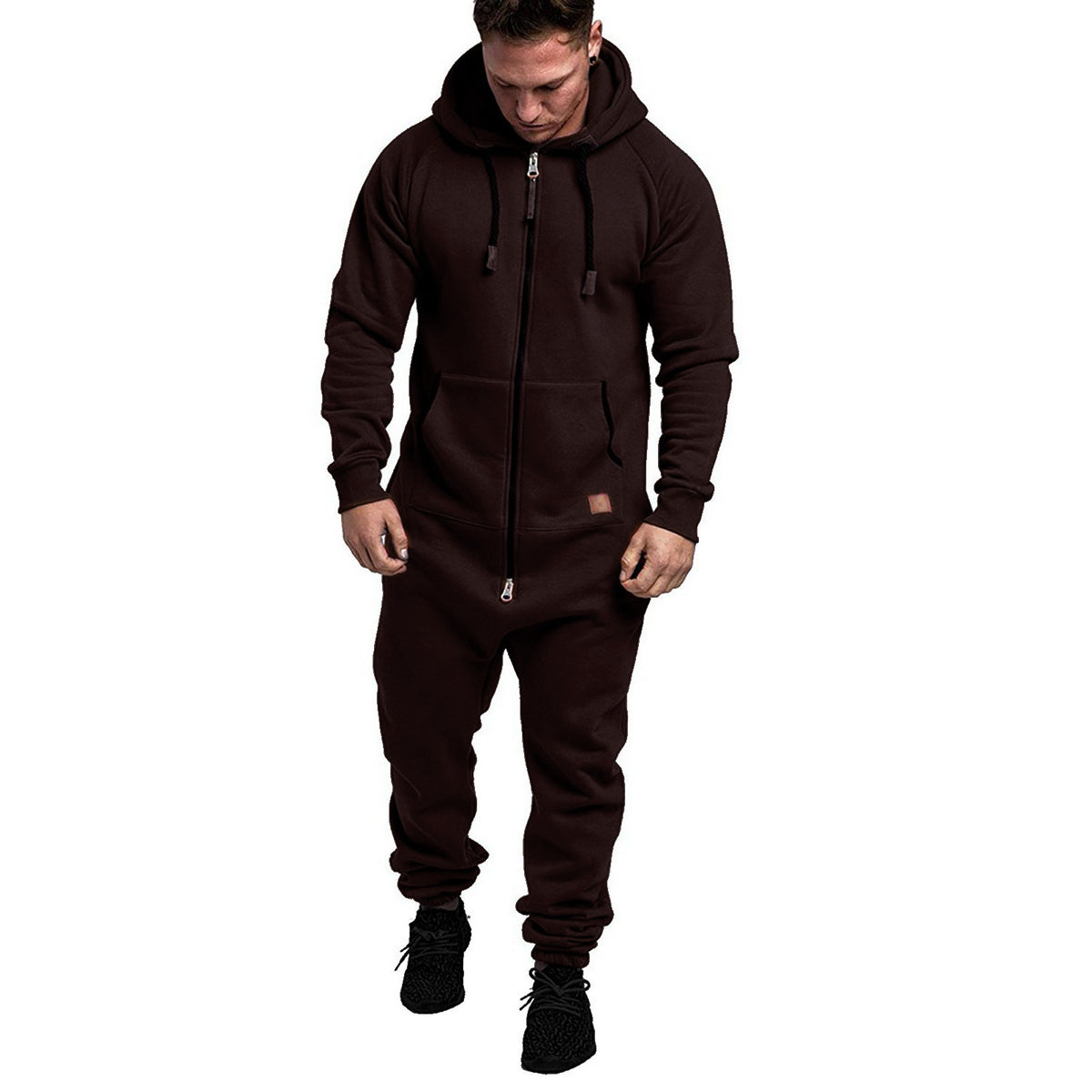 Men's Hooded Fleece Jumpsuit Solid Color Casual Men's Suit Jumpsuit