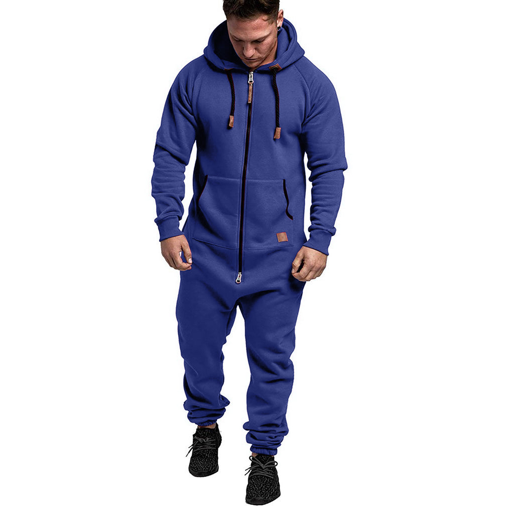 Men's Hooded Fleece Jumpsuit Solid Color Casual Men's Suit Jumpsuit
