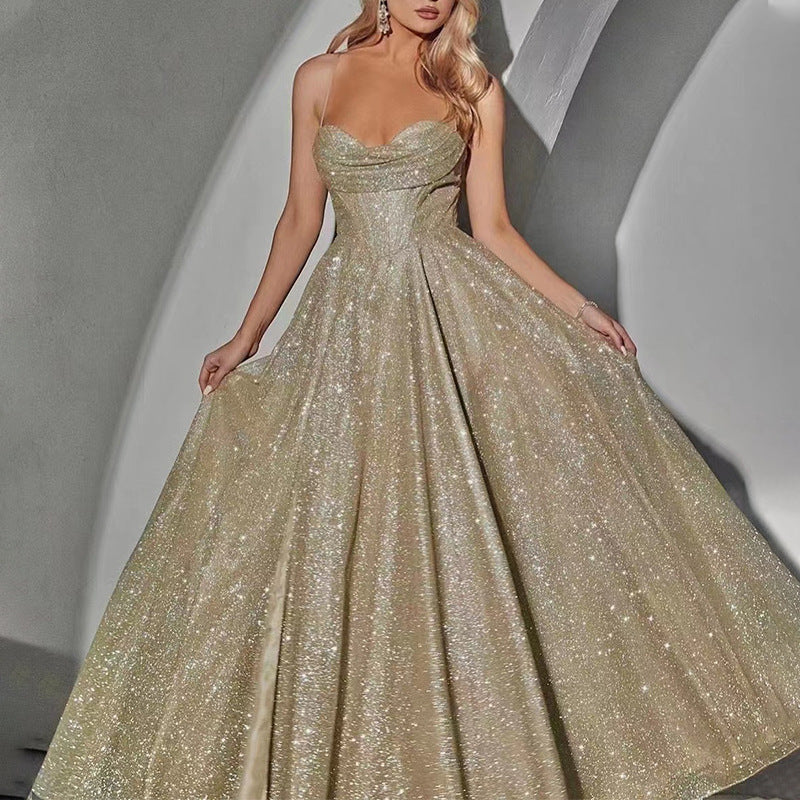 New European and American Cross-Border Women's Long Skirt Sleeveless Tube Top Sprinkled with Gold Sexy Suspender Dress