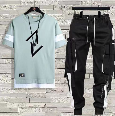 Short-Sleeved T-Shirt Men's Summer Thin Casual  Long Pants Men's set