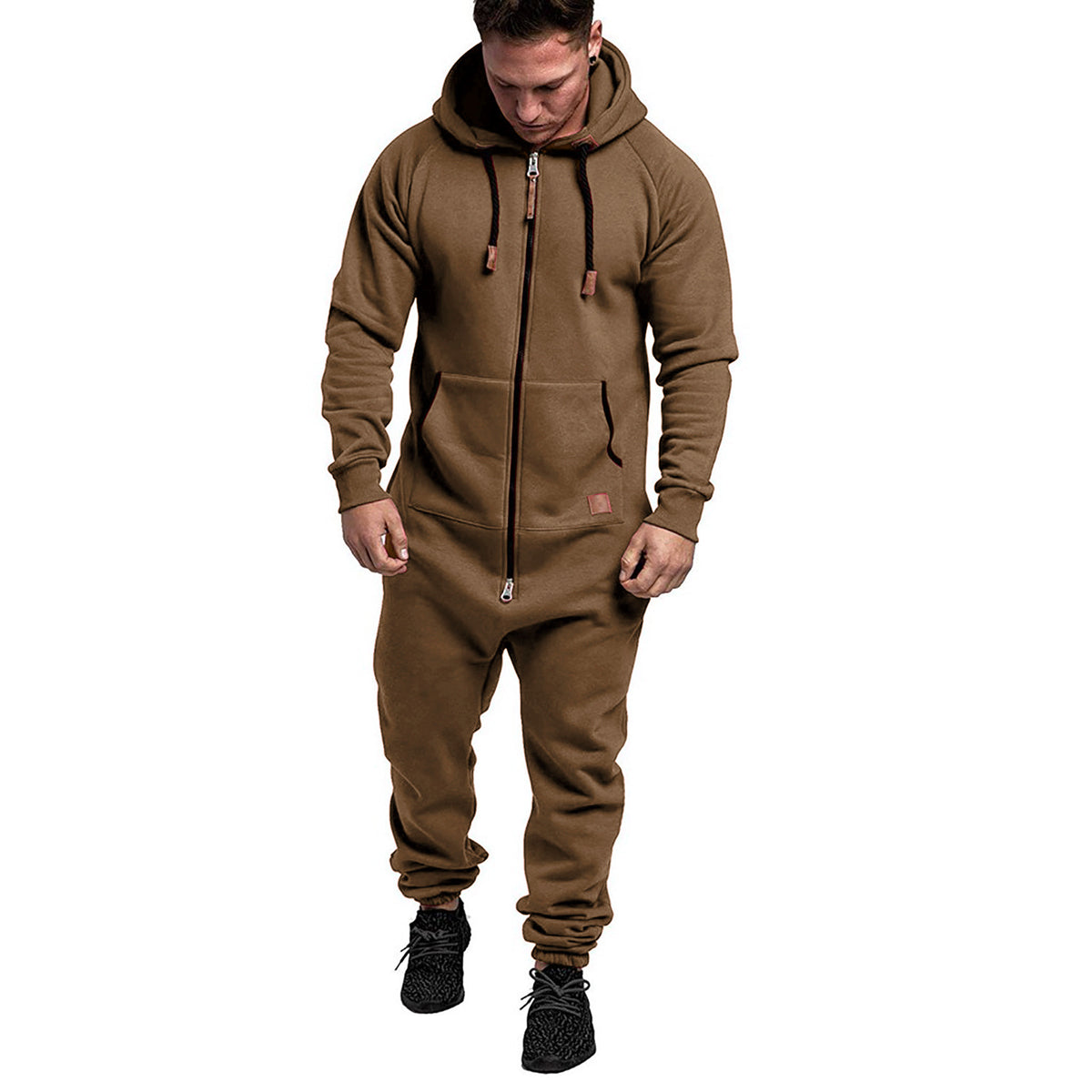 Men's Hooded Fleece Jumpsuit Solid Color Casual Men's Suit Jumpsuit