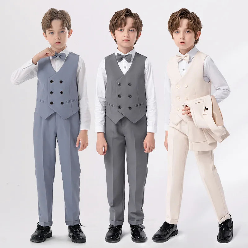 Kids Beige WaistCoat Shirt Pants Bowtie Tuxedo  Vest Suit