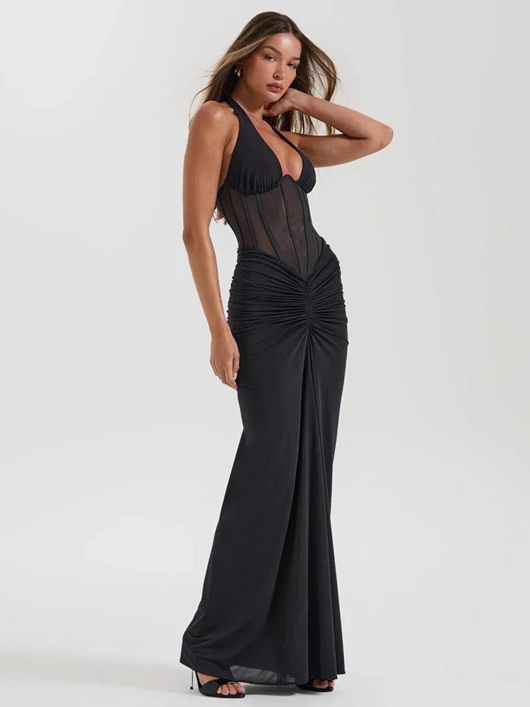 Elegant Hanging Neck Elastic Tight Long Dress Women
