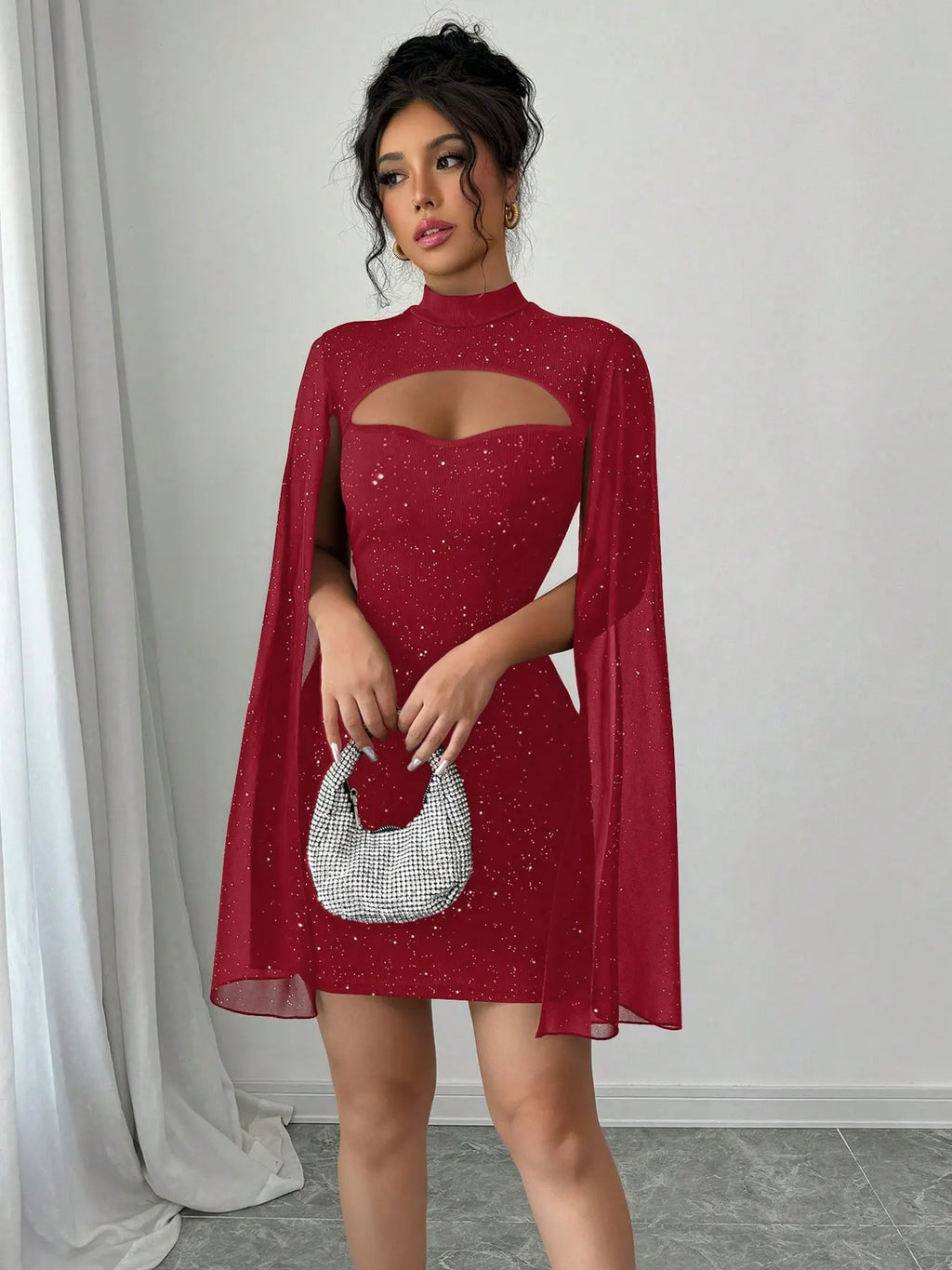 Stand Collar Cape Mini Dress Sequins