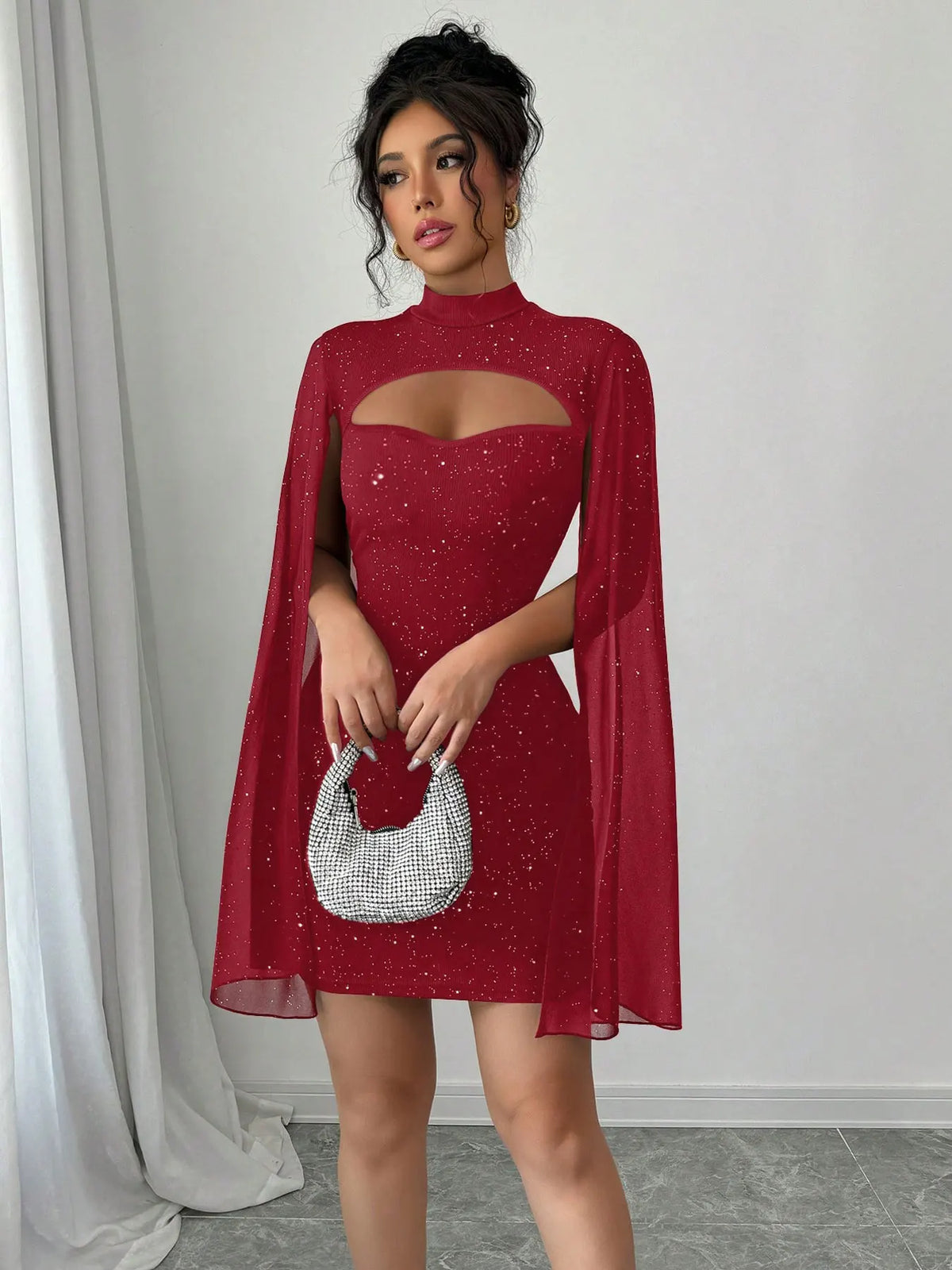 Stand Collar Cape Mini Dress Sequins