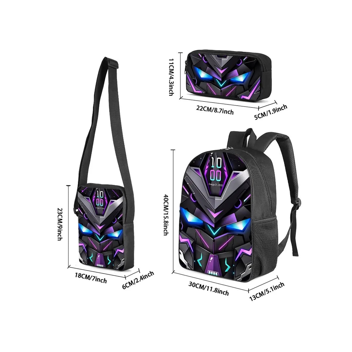 Mechanical Robots Print 3Pcs/Set Backpack with Messenger Bags ,Pencil Bags