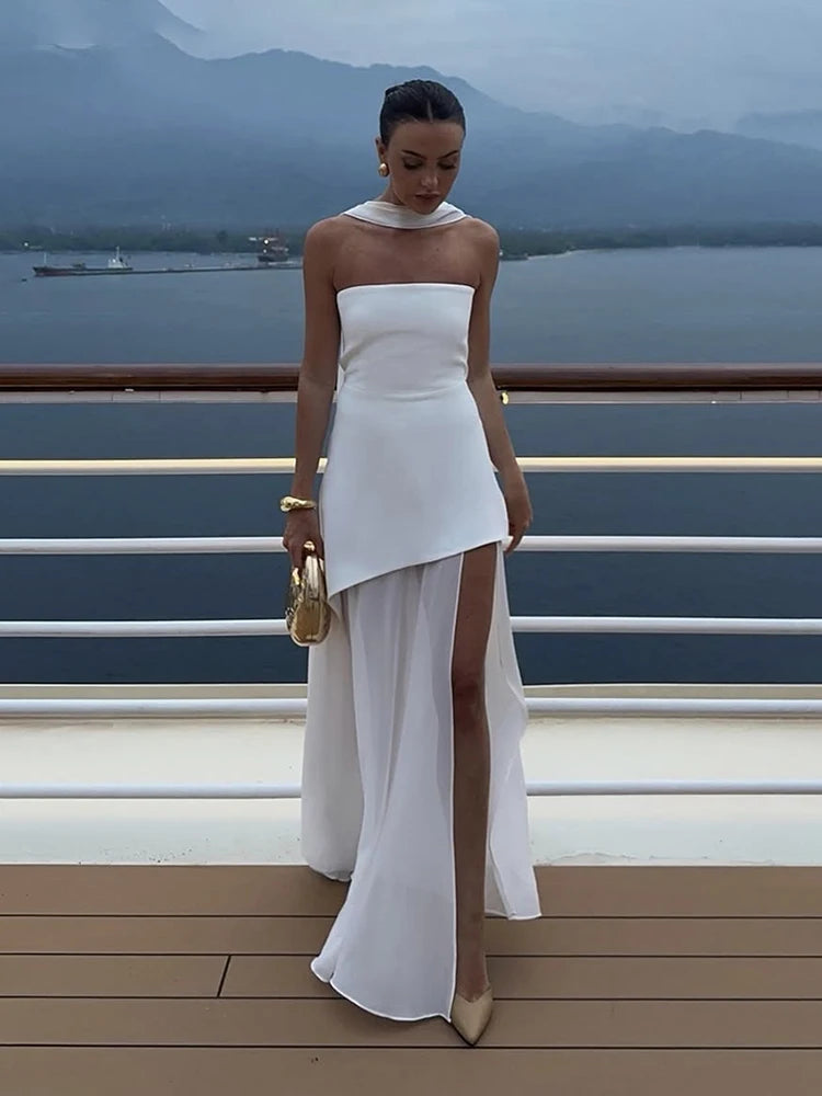 Elegant Women's Strapless Ribbon Long Dress  White Yellow Burgundy Brown