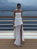 Elegant Women's Strapless Ribbon Long Dress  White Yellow Burgundy Brown