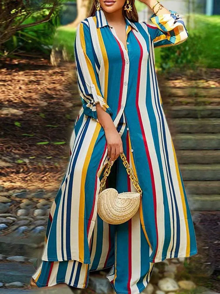 Elegant 2-piece Sleeve Striped Plus Size Matching Sets