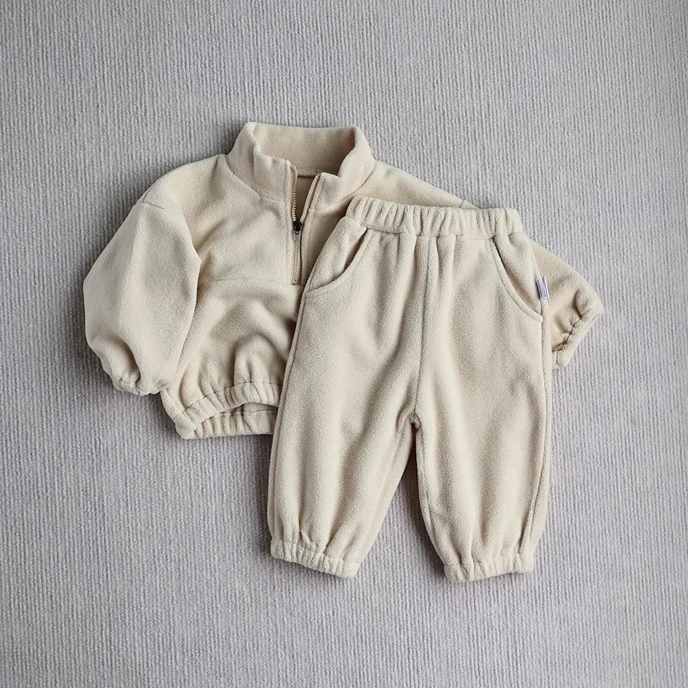 MILANCEL New Autumn Baby Sports Suit Toddler Fleece Solid Color Hoodies Suit Infant Outfit 2PCS