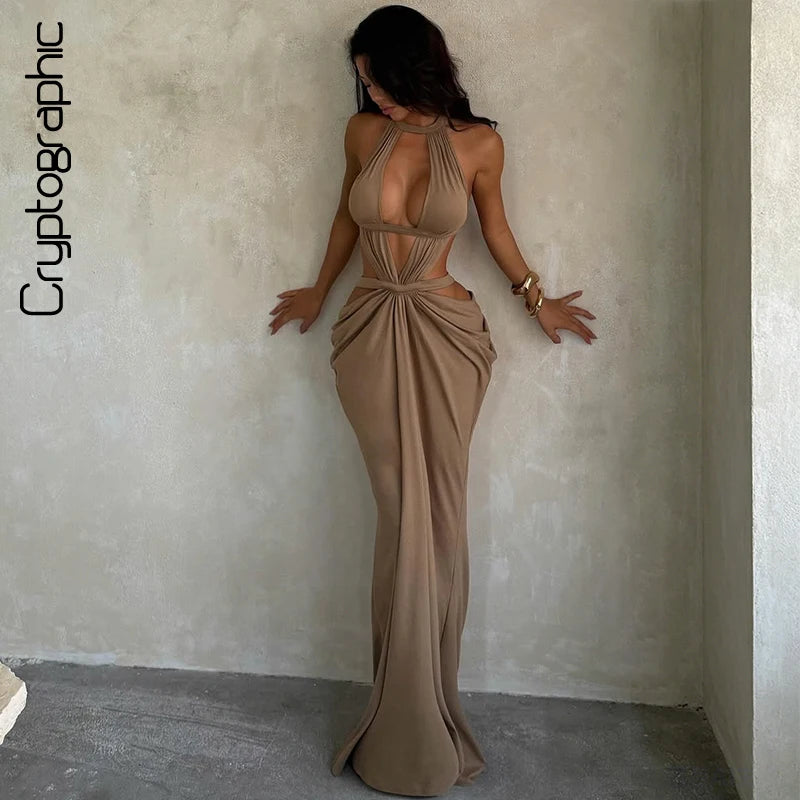 Waistless Backless Sleeveless Khaki Evening Long Dress