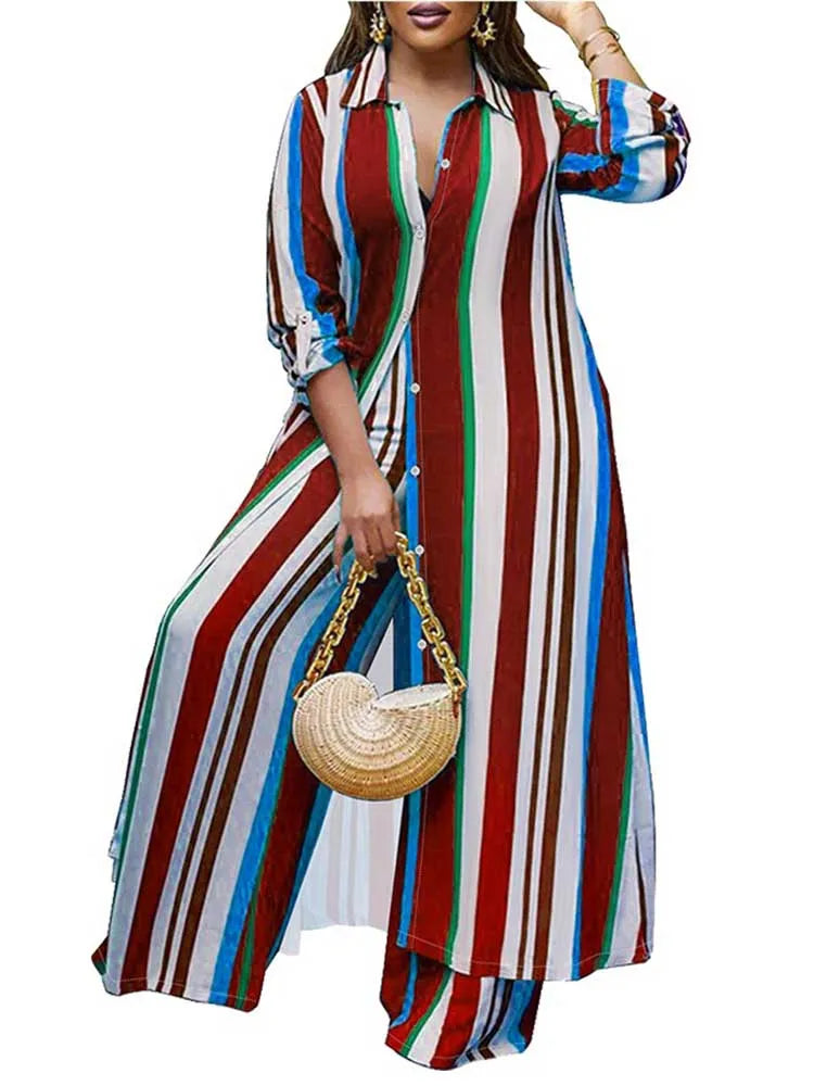 Elegant 2-piece Sleeve Striped Plus Size Matching Sets