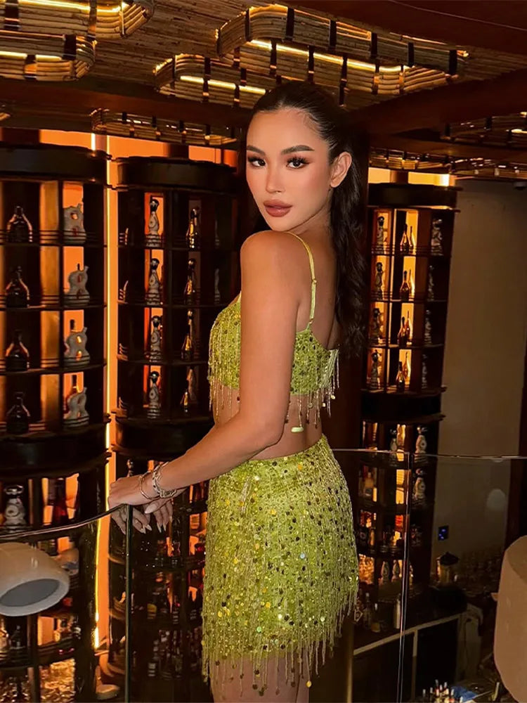 Sexy Tassel Sequins Vest Mini Skirt Women Crop Sling Vests