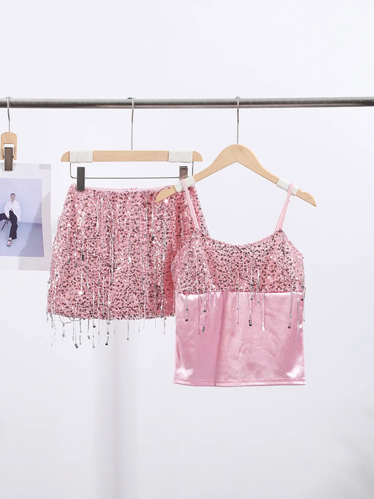 Sexy Tassel Sequins Vest Mini Skirt Women Crop Sling Vests