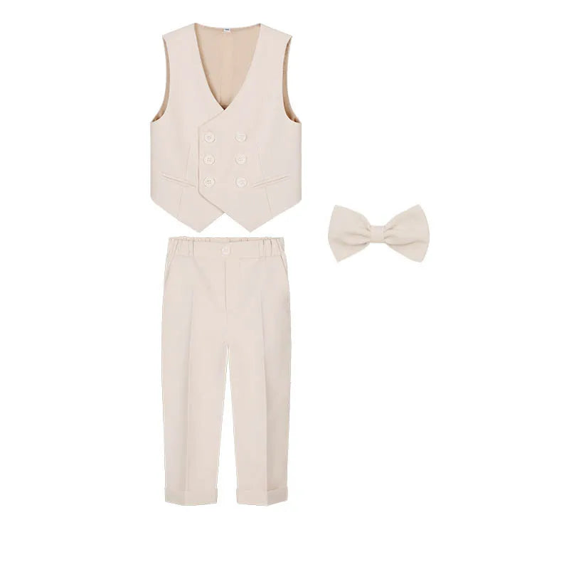 Kids Beige WaistCoat Shirt Pants Bowtie Tuxedo  Vest Suit