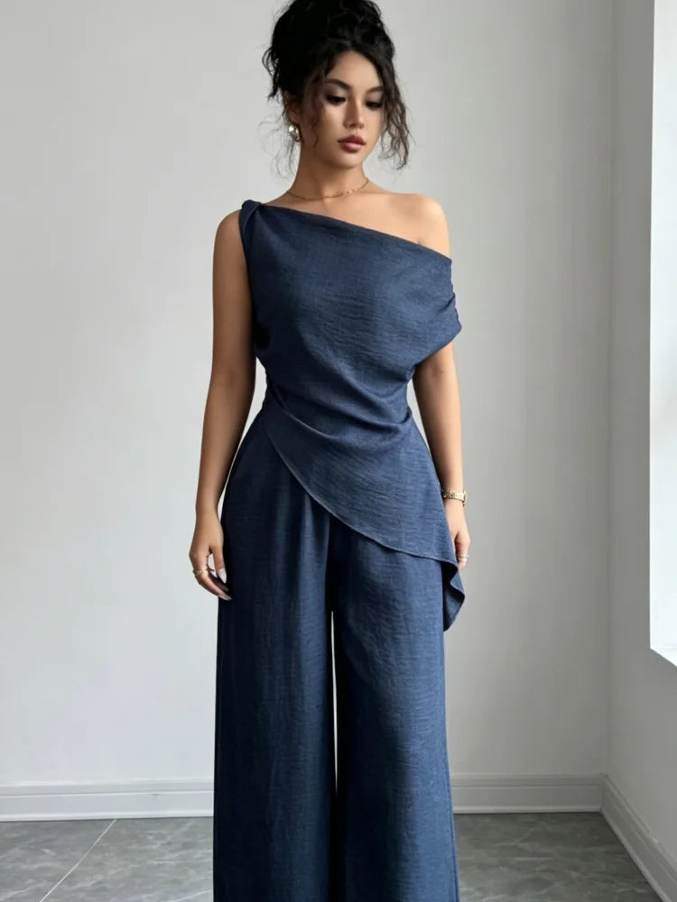 Irregular Draped Sleeveless Top Wide Leg Pants Two piece Outfit Sets
