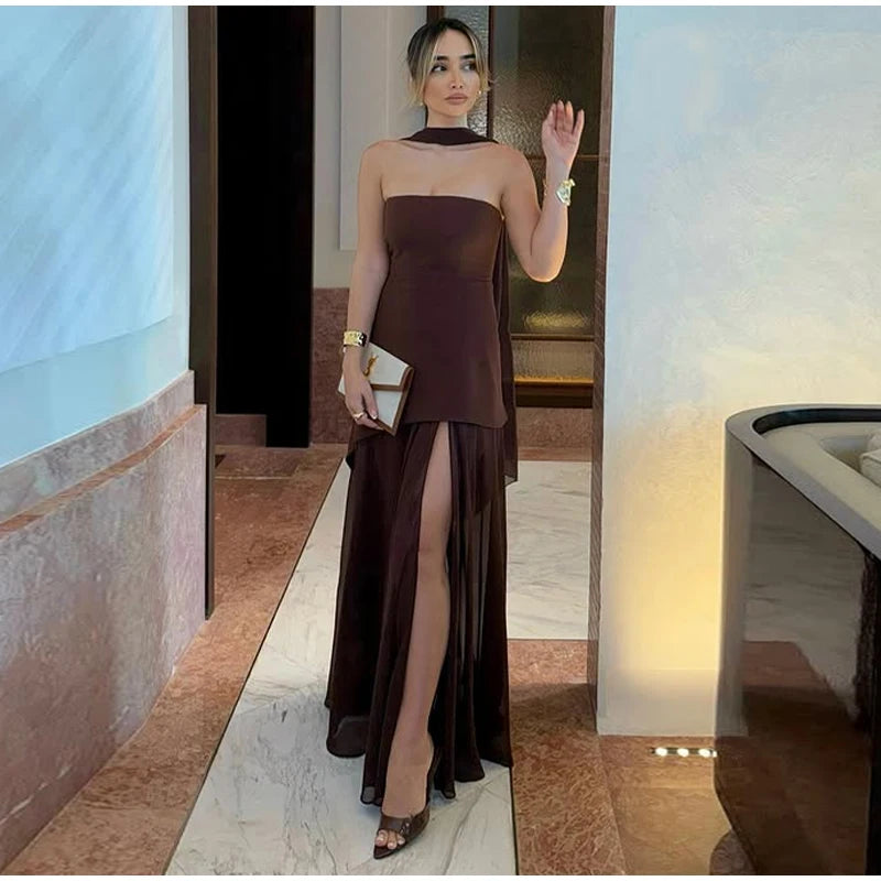 Elegant Women's Strapless Ribbon Long Dress  White Yellow Burgundy Brown