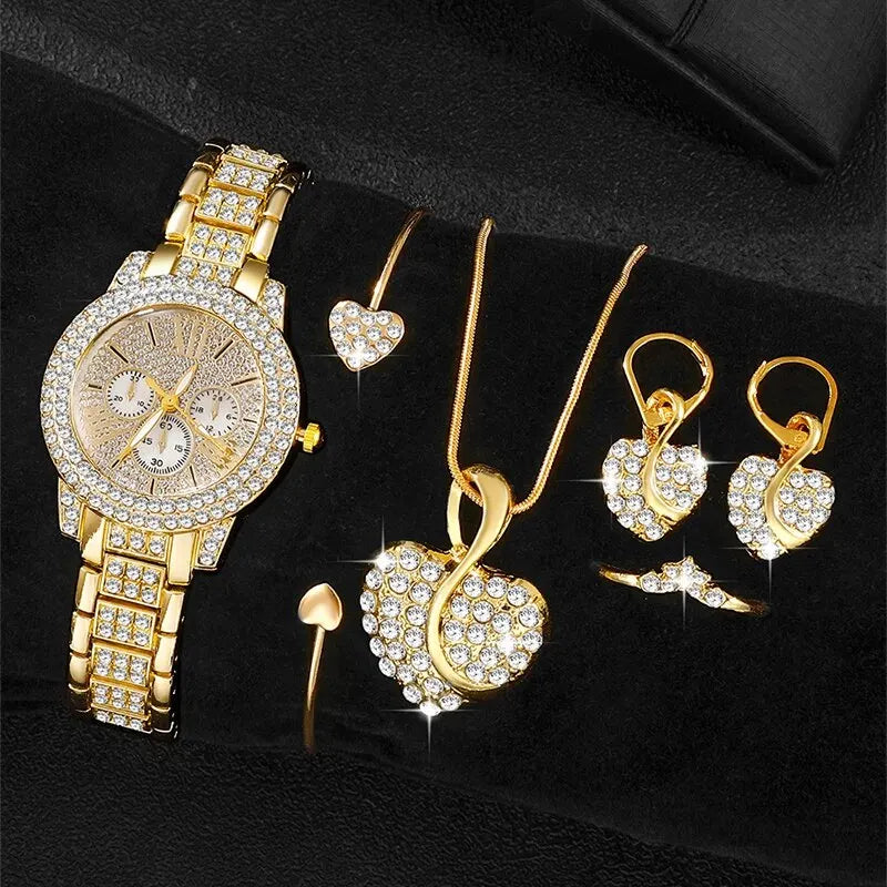 Ring Necklace Earring Rhinestone Fashion Wristwatch Casual Ladies Jewelry Set